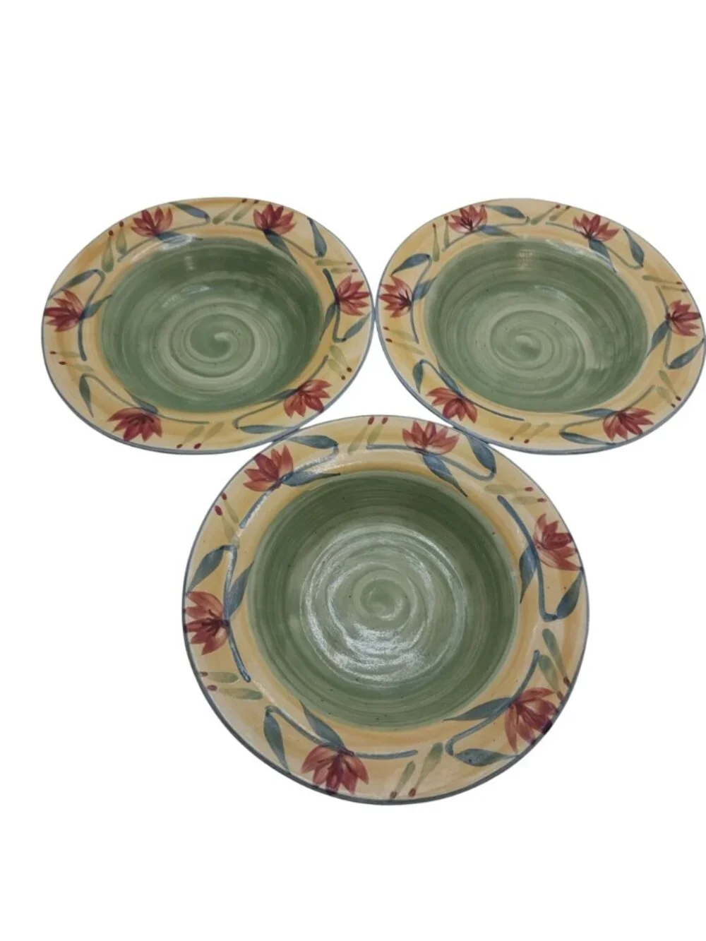 Pier 1 Elizabeth Handpainted Stoneware Set of 3 Bowls With Floral Design